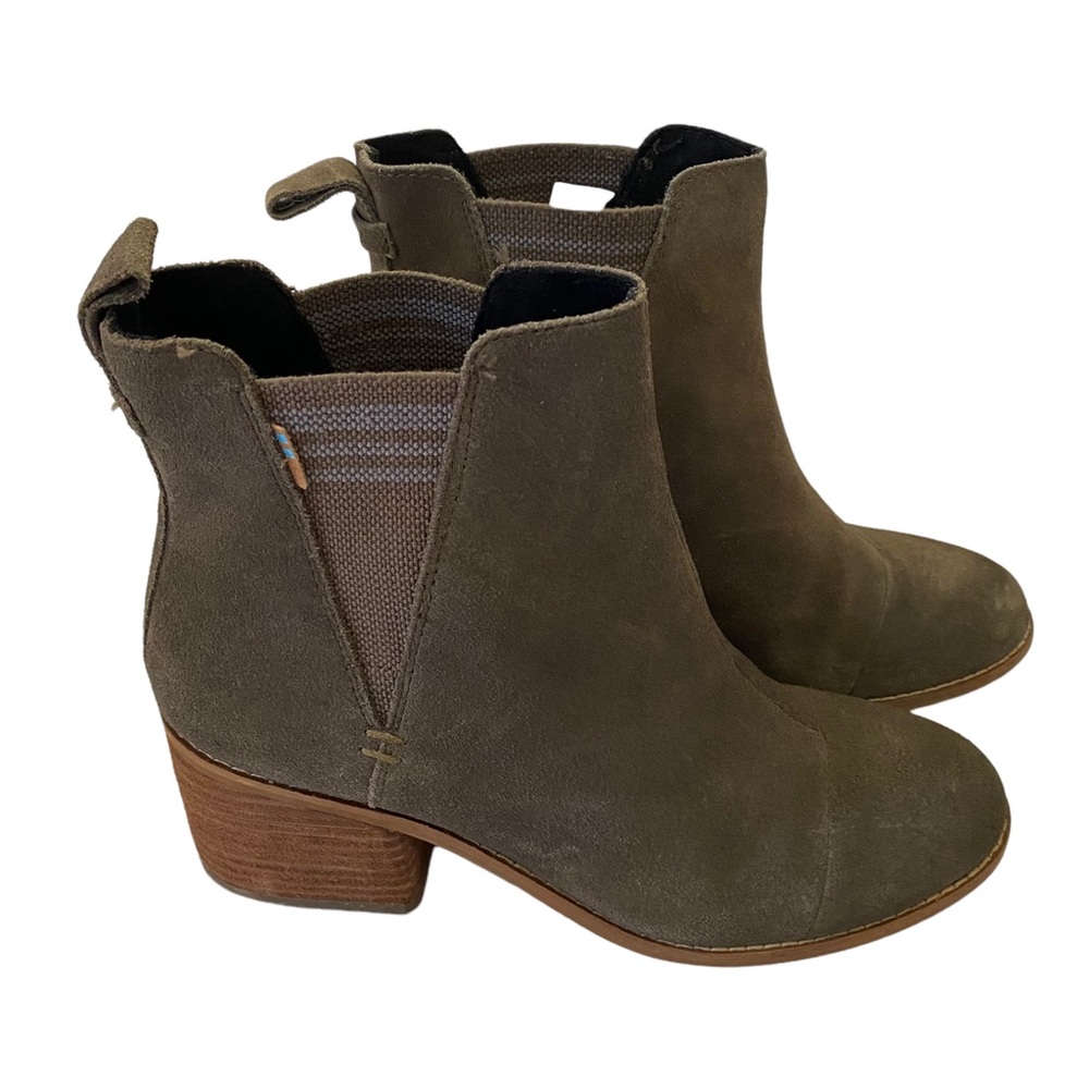 Toms Esme Suede Elastic Side Olive Green Ankle Boots Women’s Size 8 W